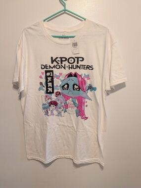 K-Pop Demon Hunters Graphic Tee - White with Pink/Blue Artwork